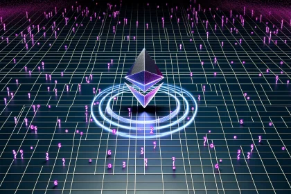 Glowing Ethereum token being consumed by magenta AI transaction particles on a dark tech grid, representing ETH supply deflationary burn mechanism.