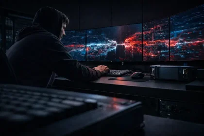 Hooded operator at a dark workstation monitoring a red digital breach across wide screens, reflecting a major DeFi exploit that triggered bank-run-style withdrawals from the market