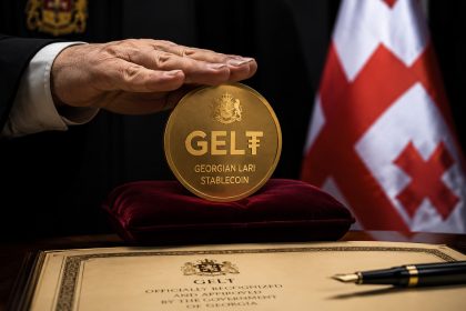 GEL₮ Georgian lari stablecoin displayed with official ceremony setting and Georgian flag symbolizing Tether-backed national payment rail expansion in Georgia