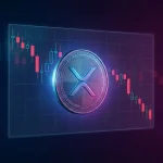 XRP cryptocurrency coin with holographic price chart showing downward trend in studio lighting