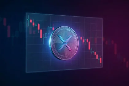 XRP cryptocurrency coin with holographic price chart showing downward trend in studio lighting