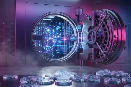Modern bank vault revealing blockchain network representing tokenized deposit infrastructure