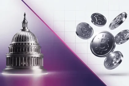 US Capitol and Bitcoin symbols with magenta gradient representing political crypto regulation debate
