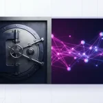Bank vault door contrasted with glowing blockchain network in purple and magenta gradients