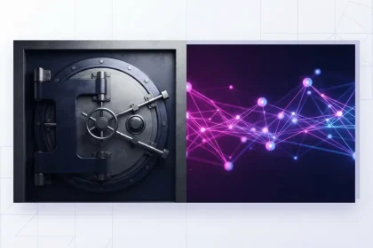 Bank vault door contrasted with glowing blockchain network in purple and magenta gradients