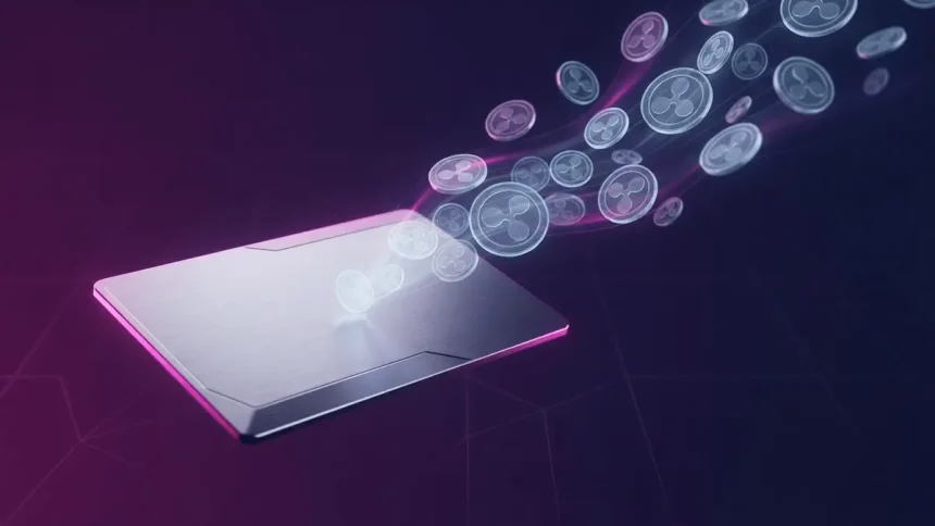 Credit card with holographic XRP coins emerging, representing Japan's crypto loyalty program integration
