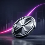 XRP token rising on a purple-magenta trading chart before an overbought pullback