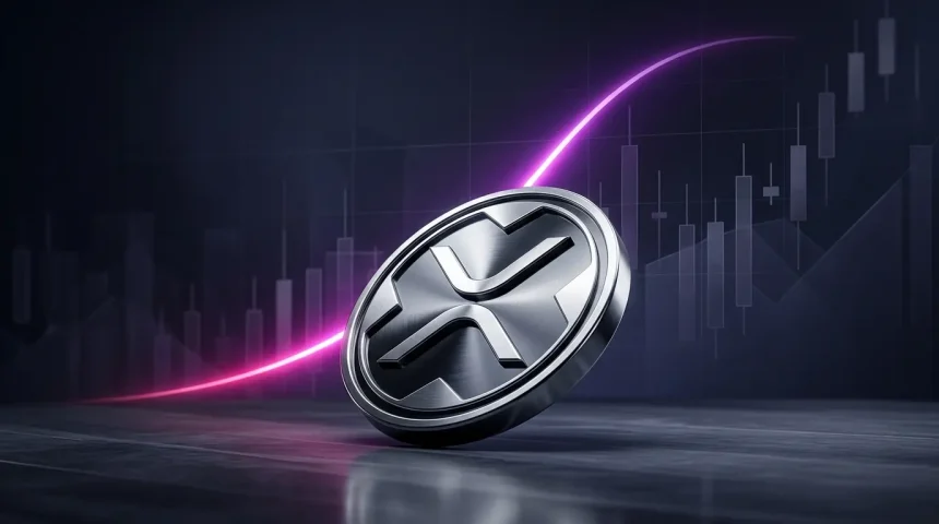 XRP token rising on a purple-magenta trading chart before an overbought pullback