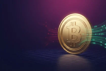 Golden Bitcoin coin illuminated by renewed green institutional ETF inflows on a purple financial grid